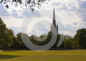 Norwich Cathedral seen from across the meadows