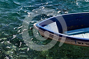 Nos white blue small wooden fishing boats standing at the pier in clear water