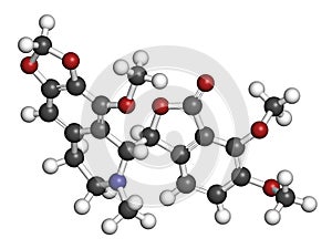 Noscapine antitussive drug molecule.  3D rendering. Atoms are represented as spheres with conventional color coding: hydrogen (