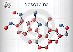 Noscapine molecule. It is non-sedating isoquinoline alkaloid used for its antitussive properties. Molecule model. Sheet of paper