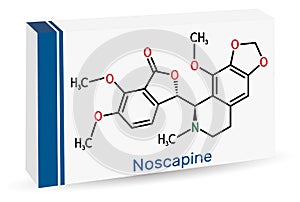 Noscapine molecule. It is non-sedating isoquinoline alkaloid used for its antitussive properties. Skeletal chemical formula. Paper