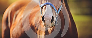 The nose of a bay horse with a blue halter on its muzzle, which stands in the middle of a field on a summer day, illuminated by