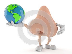 Nose character holding world globe