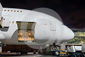 Nose and cockpit airplane with open luggage compartment at passenger gangway of the terminal building at the airport at night, air