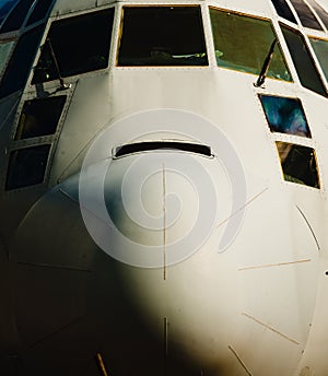 Nose and cockpit of a transport airplane