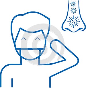 Nose infection icon, Nose icon, Nose pain blue vector icon.