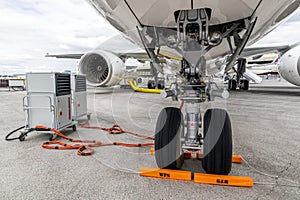 Nose landing gear on an Airbus A330 passenger plane. Le Bourget, France - June 20, 2019