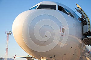 The nose of the plane is white, ready to fly. disembarkation of passengers.