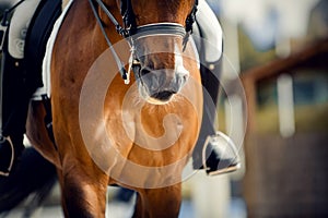 Nose sports brown horse in the double bridle. Dressage horse