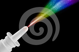 Nose spray on black spraying a rainbow