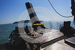 Nose of a wooden ship floating in the sea