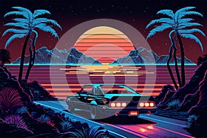 Nostalgia and adventure at 80s - retro car on neon road at sunset