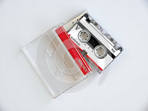 Nostalgia, Isolated, transparent background of Microcassette audio recorder tape in cassette box, analog media device, vintage