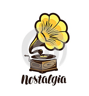 Nostalgia, music logo or symbol. Gramophone, phonograph icon. Vector illustration photo