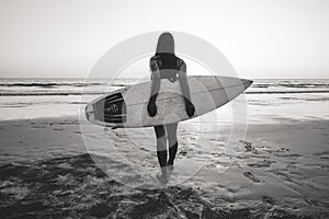 Nostalgia and remembrance photo of surfer woman in bikini go to surfing. photo