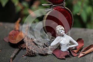 Nostalgia Series showing antique German porcelain doll in autumn leaves