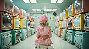 Nostalgic Ambiance: Lady Encircled by Vintage Television Collection