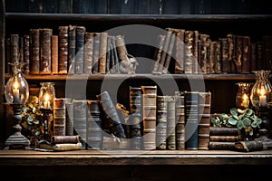 Nostalgic background with old books on a wooden shelf and ray of light