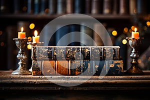 Nostalgic background with old books on a wooden shelf and ray of light