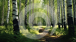 Nostalgic Birch Tree Forest In Lush Landscape - Vray Tracing