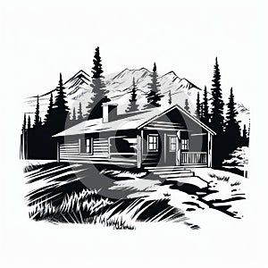 Nostalgic Black And White Cabin Illustration With Sublime Wilderness Vibes