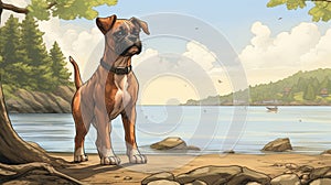 Nostalgic Boxer Dog Illustration Beach, Trees, And Ontario Shores