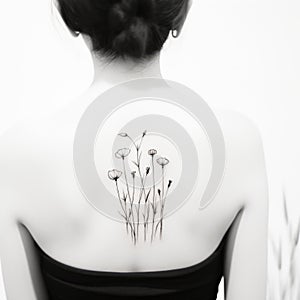 Nostalgic Charm: A Meticulous Ink Wash Tattoo Of Dandelions On A Woman\'s Back