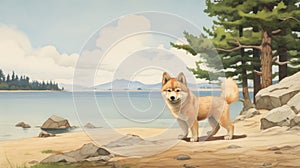 Nostalgic Children\'s Book Illustration: Akita Puppy On Saskatchewan Beach