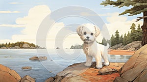 Nostalgic Children\'s Book Illustration: Bichon Frise Puppy On Manitoba Shores