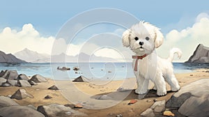 Nostalgic Children\'s Book Illustration: Bichon Frise Puppy On Nunavut Shores