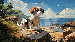 Nostalgic Children\'s Book Illustration: Cavalier King Charles Spaniel Puppy On Prince Edward Island