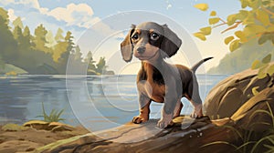 Nostalgic Children\'s Book Illustration: Dachshund Puppy By The Ontario Shores