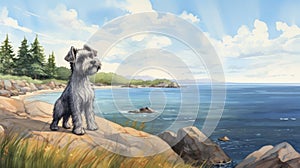 Nostalgic Children\'s Book Illustration: Schnauzer Dog On Rocks By The Ocean