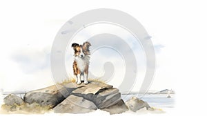 Nostalgic Children\'s Book Illustration Of Shetland Sheepdog Puppy On Northwest Territories Shores photo