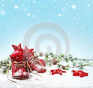 Nostalgic christmas decoration with antique baby shoe