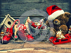 Nostalgic christmas decoration with antique toys photo