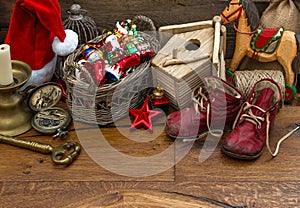 Nostalgic christmas toys decoration over wooden background photo