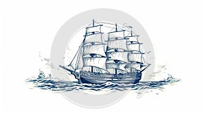 Nostalgic Crosshatched Tall Ship Sailing Illustration