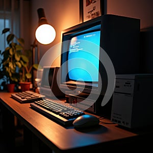 A nostalgic desk setup featuring vintage computer technology, highlighting retro design and old-fashioned monitors