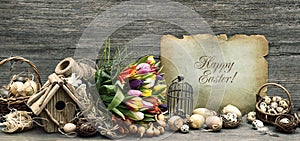 Nostalgic easter decoration, eggs, tulip flowers