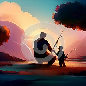 A Nostalgic Father\'s Day Image of a Dad and His Son Fishing Together