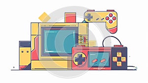 Nostalgic flat modern illustration of Tetris, old retro game console, 80s and 90s gadget. Gamepad from the 1990s