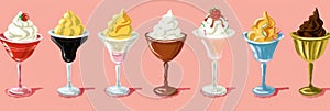 Nostalgic ice cream parlor with pastel hues, soft serve swirls, retro signage, old fashioned details