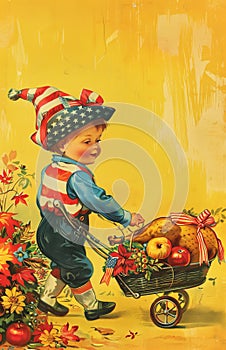 Nostalgic illustration of a boy in red suit pushing a cart with turkey atop American flag background, perfect for Macy\'s