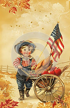 Nostalgic illustration of a boy in red suit pushing a cart with turkey atop American flag background, perfect for Macy\'s