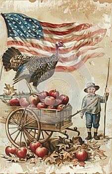 Nostalgic illustration of a boy in red suit pushing a cart with turkey atop American flag background, perfect for Macy\'s