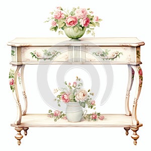 Nostalgic Illustration Console Table With Pink Flowers