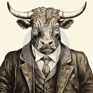 Nostalgic Illustration: Ultra Detailed Bull In A Suit