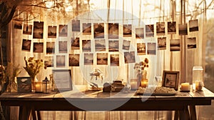 Nostalgic memories in old photos hanging near a sunlit window, a portal to the past\'s cherished moments