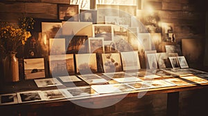 Nostalgic memories in old photos hanging near a sunlit window, a portal to the past\'s cherished moments